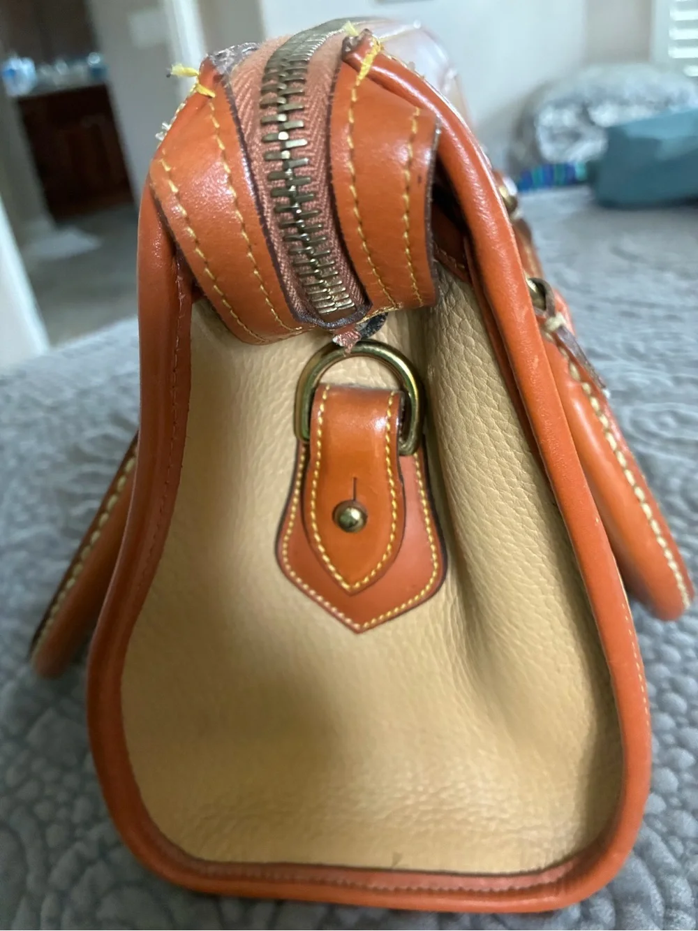 Dooney & Bourke Tan Pebble Leather Satchel with Brown Trim